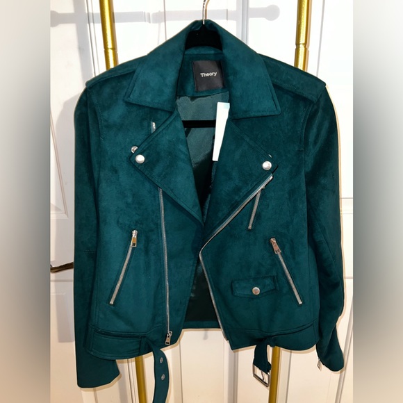 Theory Modern Moto Jacket Green Faux Suede XS NWT - Picture 5 of 10